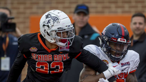 Feb 2, 2023; Mobile, AL, USA; American defensive back Julius Brents of Kansas State (23) defends against American wide receiver Jonathan Mingo of Ole Miss (18) practices during the third day of Senior Bowl week at Hancock Whitney Stadium in Mobile.